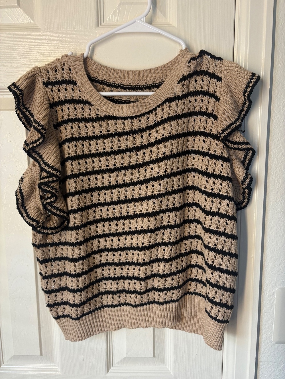 Women's Sweater with Ruffled Sleeves - Beige and Black Stripes, Size